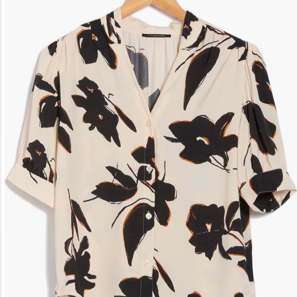 Tahari Women’s Black and Cream Floral Short Sleeve Blouse Size Medium